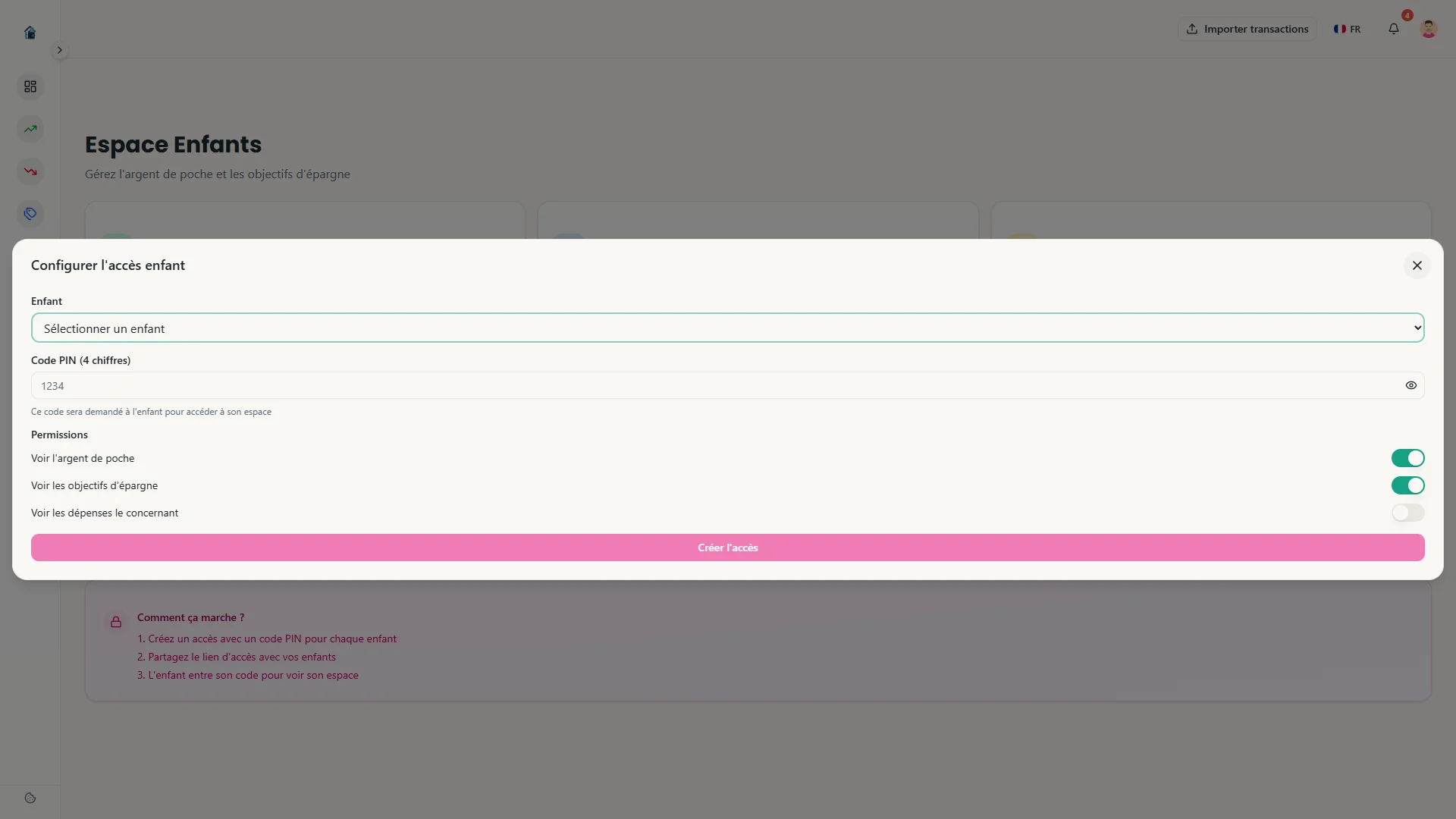 Configuration de l'acces enfant avec code PIN et permissions
