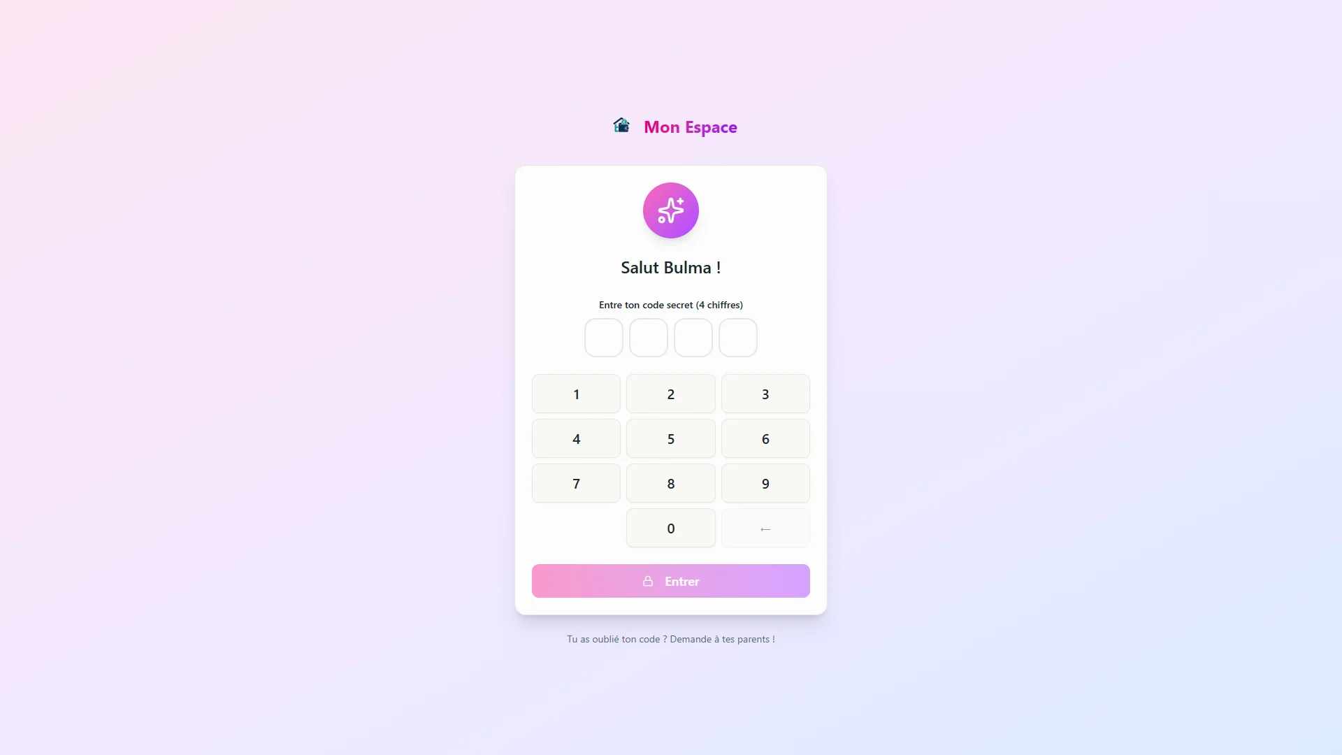 Page de connexion enfant avec code PIN
